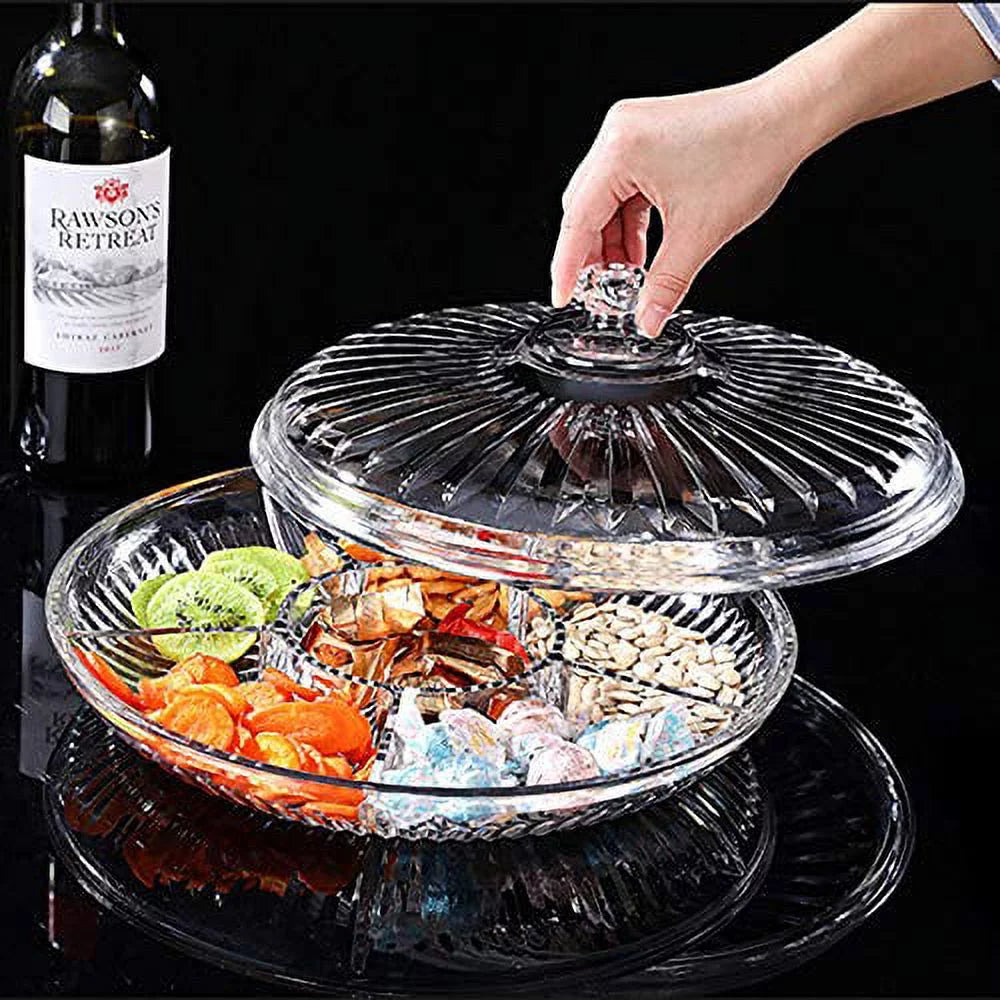 Creative Acrylic Multifunctional Party Snack Tray with Lid,Serving Dishes for Dried Fruits Nuts Candies Fruits,6-Compartment (Clear)