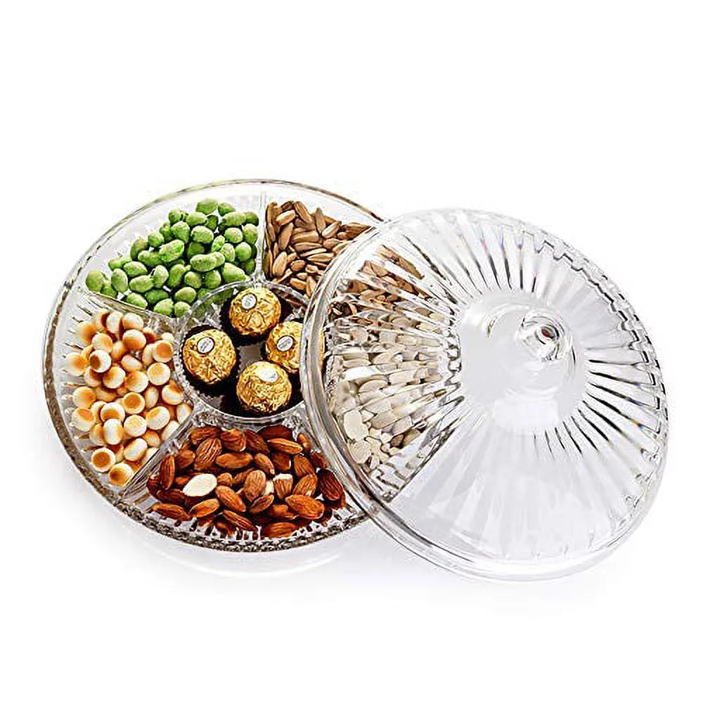 Creative Acrylic Multifunctional Party Snack Tray with Lid,Serving Dishes for Dried Fruits Nuts Candies Fruits,6-Compartment (Clear)
