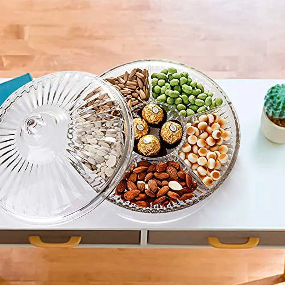 Creative Acrylic Multifunctional Party Snack Tray with Lid,Serving Dishes for Dried Fruits Nuts Candies Fruits,6-Compartment (Clear)