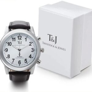 T&J Mens Radio Controlled Atomic Talking Speaking Watch Black Leather Strap time